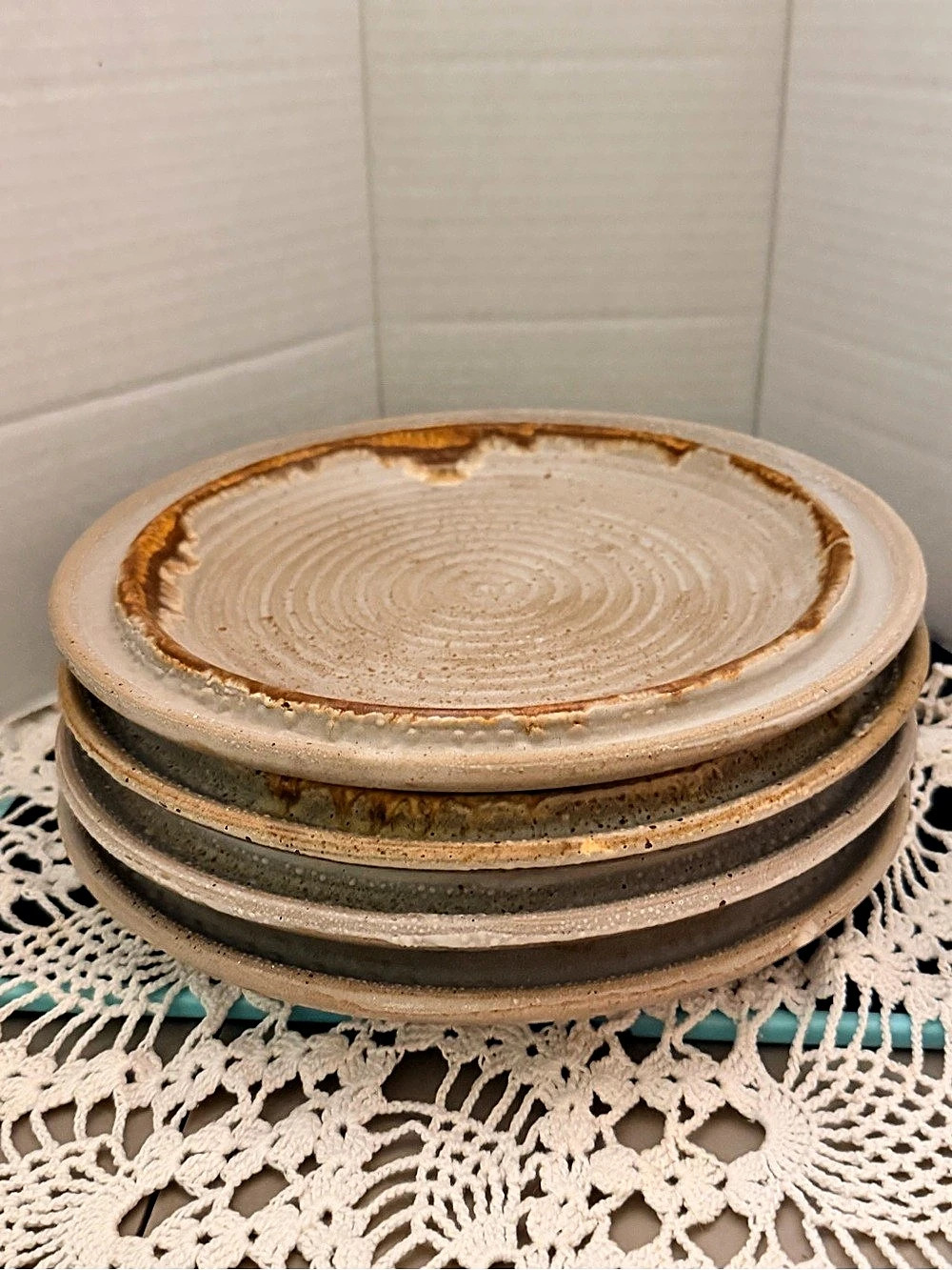 Four Vintage pottery Laurentian Dinnerware Set in Brown & Cream made in Canada